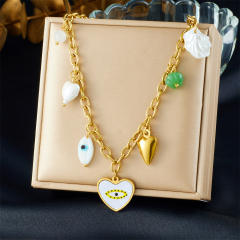 Color enamel evil eye heart charm multi element stainless steel necklace