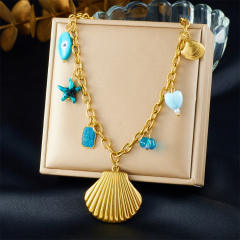Summer Seaside Vacation Ocean Style Blue Eyes Shell Starfish Square Pendant stainless steel necklace