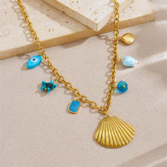 Summer Seaside Vacation Ocean Style Blue Eyes Shell Starfish Square Pendant stainless steel necklace