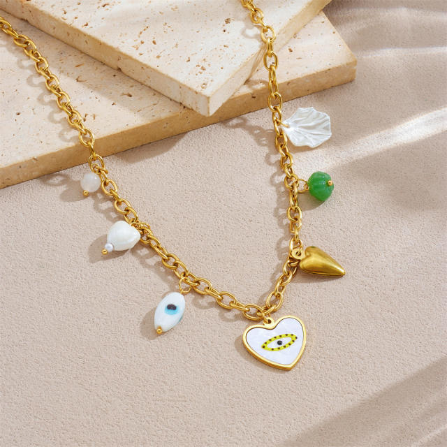 Color enamel evil eye heart charm multi element stainless steel necklace