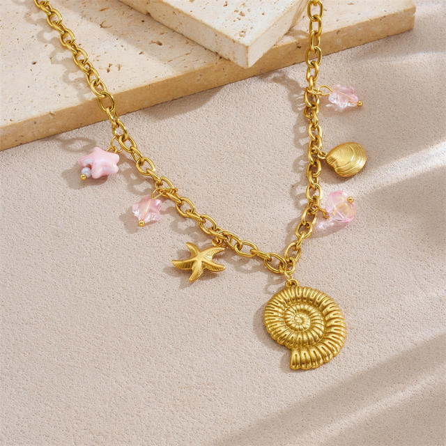 Personality Multi-Element Conch Starfish Shell Gold-Plated Stainless Steel Necklace