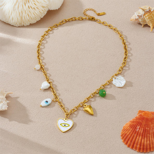 Color enamel evil eye heart charm multi element stainless steel necklace
