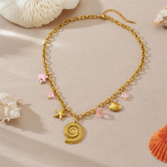 Personality Multi-Element Conch Starfish Shell Gold-Plated Stainless Steel Necklace