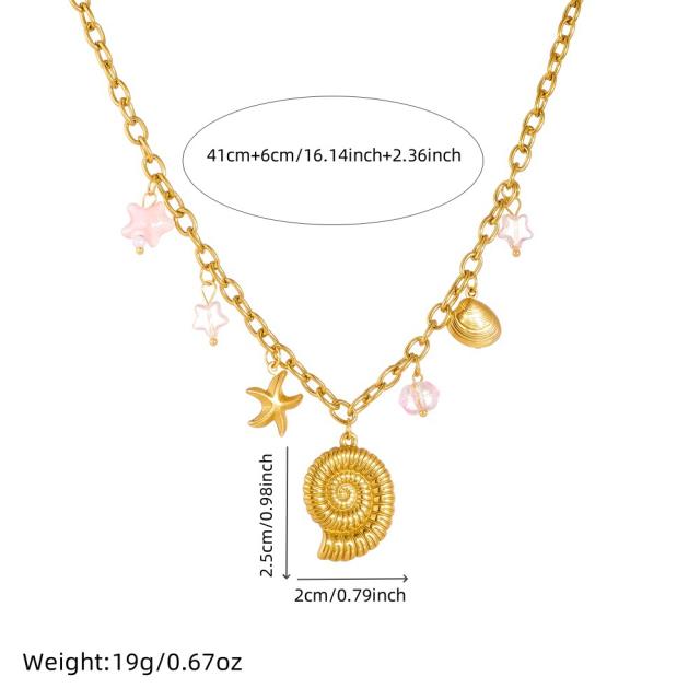 Personality Multi-Element Conch Starfish Shell Gold-Plated Stainless Steel Necklace