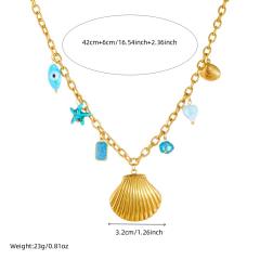Summer Seaside Vacation Ocean Style Blue Eyes Shell Starfish Square Pendant stainless steel necklace