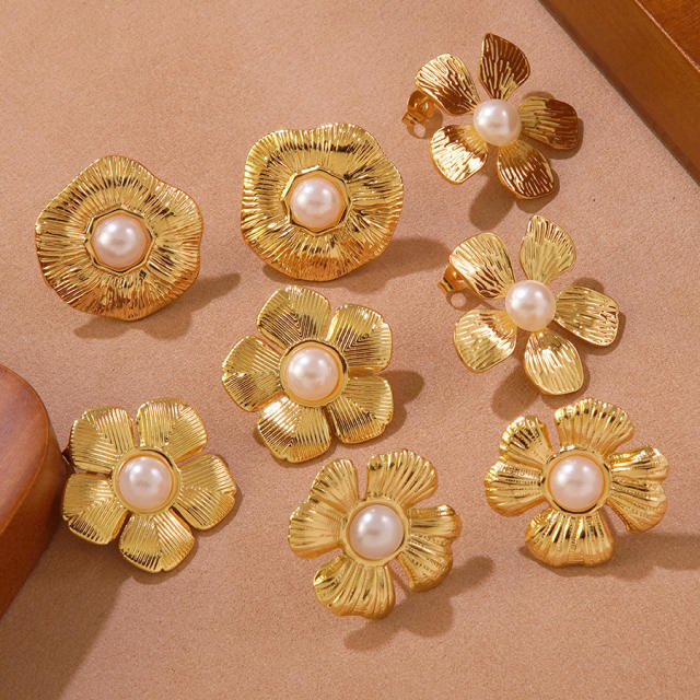 Hot sale pearl inlaid stainless steel earrings flower earrings