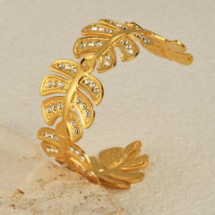 Exaggerated Diamond inlaid leaf shape stainless steel Bracelet Cuff bangle