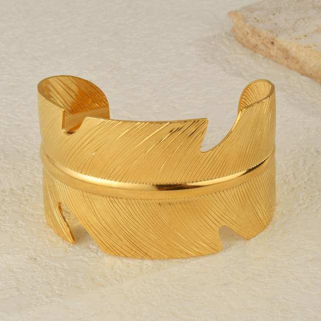 Exaggerated Wide Feather Opening Bracelet Women's Stainless Steel leaf bangle bracelet