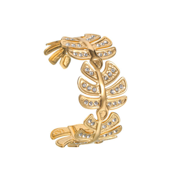 Exaggerated Diamond inlaid leaf shape stainless steel Bracelet Cuff bangle