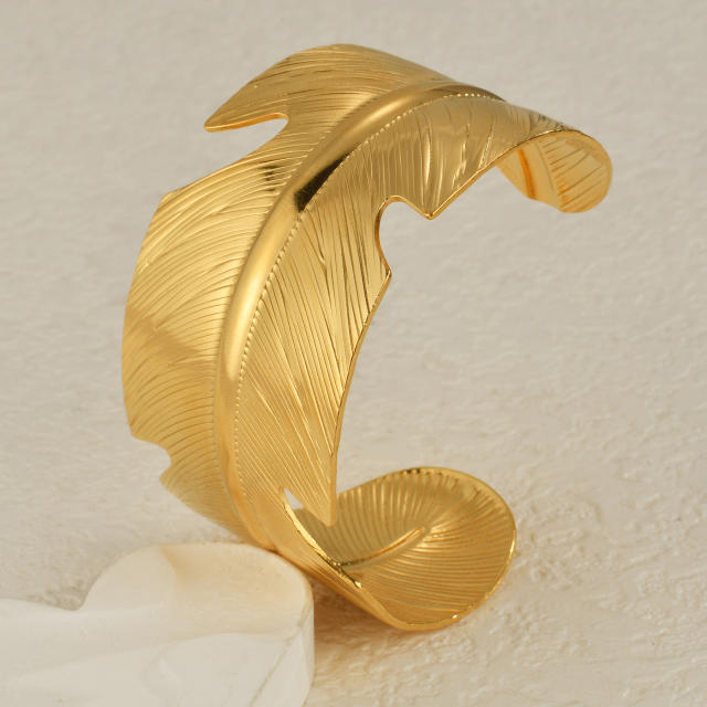 Exaggerated Wide Feather Opening Bracelet Women's Stainless Steel leaf bangle bracelet
