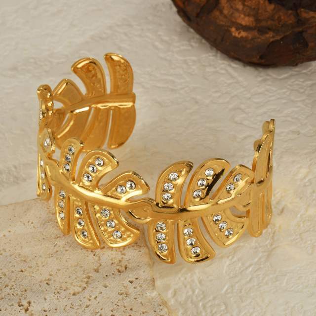 Exaggerated Diamond inlaid leaf shape stainless steel Bracelet Cuff bangle
