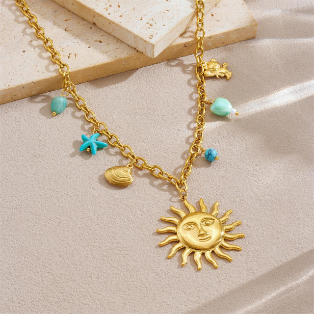 Personality Gold-Plated Sun Scallop Blue Starfish Heart charm Stainless Steel Necklace