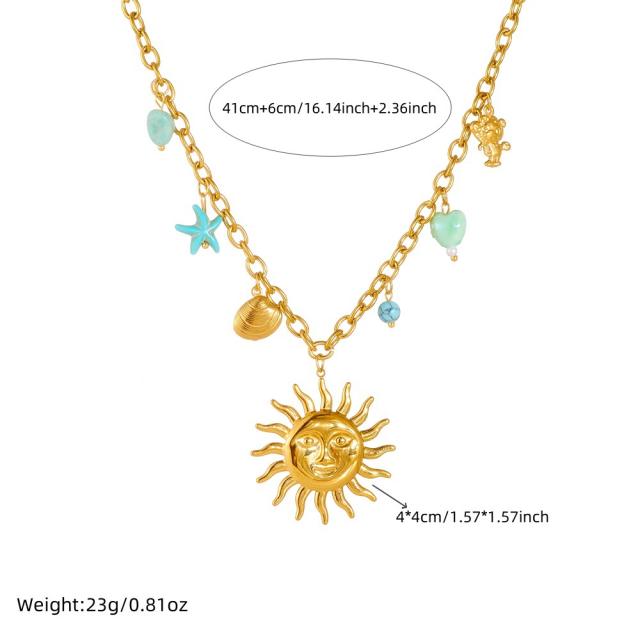 Personality Gold-Plated Sun Scallop Blue Starfish Heart charm Stainless Steel Necklace