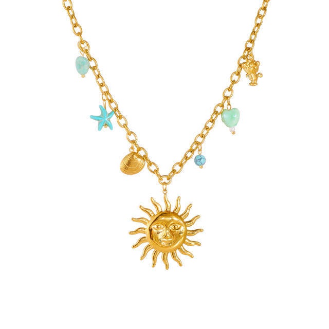 Personality Gold-Plated Sun Scallop Blue Starfish Heart charm Stainless Steel Necklace
