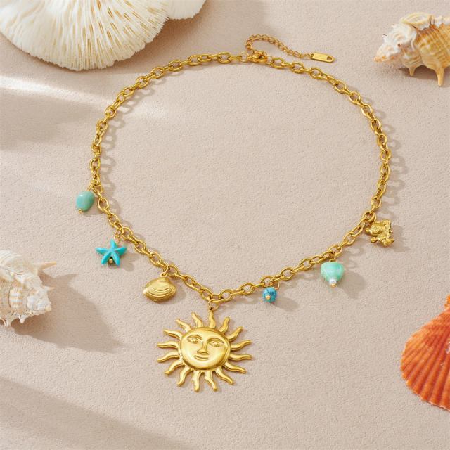 Personality Gold-Plated Sun Scallop Blue Starfish Heart charm Stainless Steel Necklace