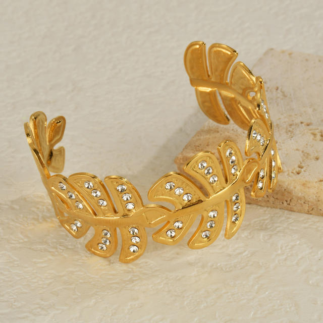 Exaggerated Diamond inlaid leaf shape stainless steel Bracelet Cuff bangle