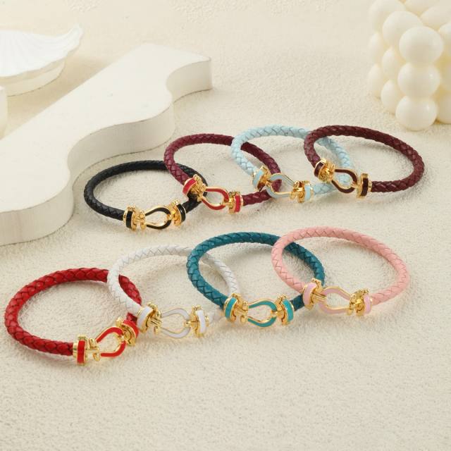 Hot-Selling Leather Rope Leather Braided Bracelet stainless Steel Horseshoe Magnet Buckle Bracelet bangle