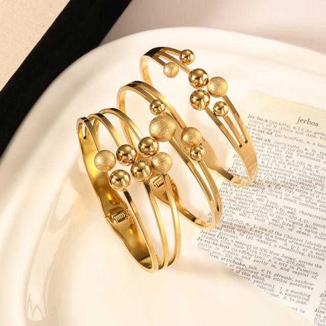 Easy match frosted smooth ball bead stainless steel bangle bracelet