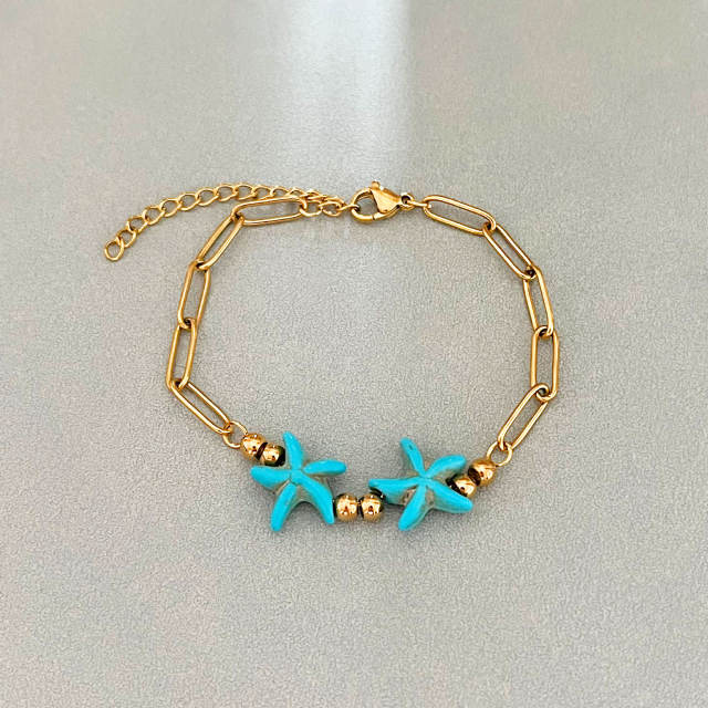 Boho turquoise stone cross starfish turtle stainless steel bracelet beach jewelry