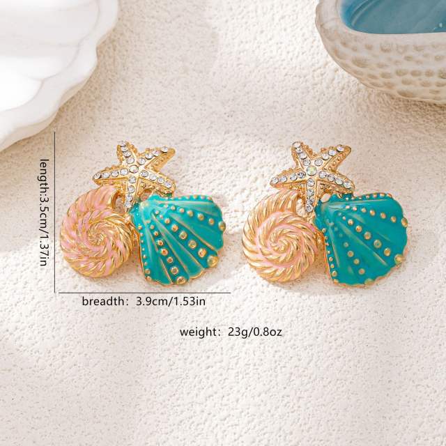 Holiday beach style color enamel starfish shell alloy earrings