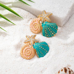 Holiday beach style color enamel starfish shell alloy earrings
