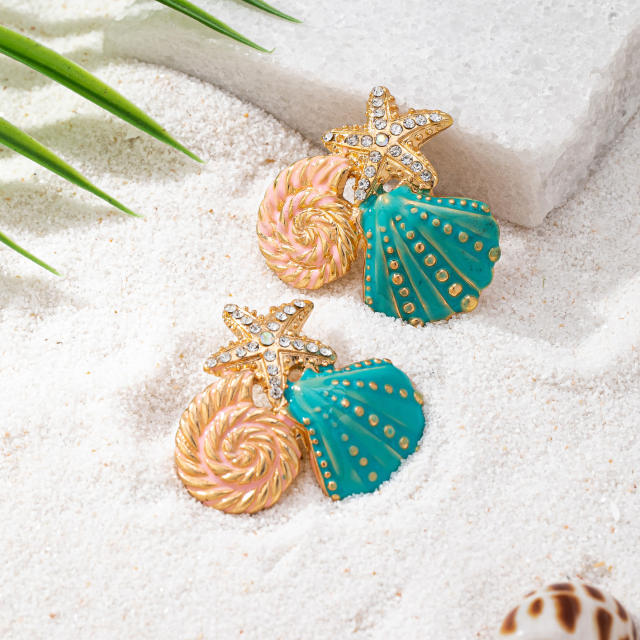 Holiday beach style color enamel starfish shell alloy earrings