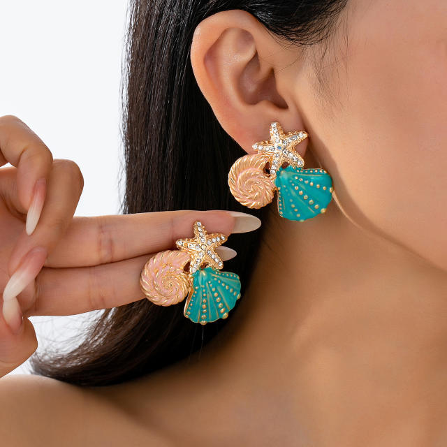 Holiday beach style color enamel starfish shell alloy earrings