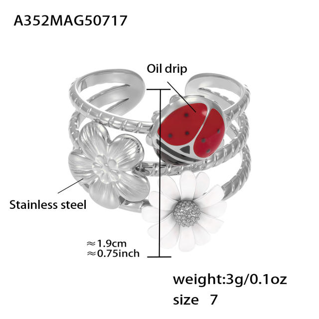 Enamel strawberry daisy flower summer sweet stainless steel rings