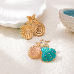 Holiday beach style color enamel starfish shell alloy earrings