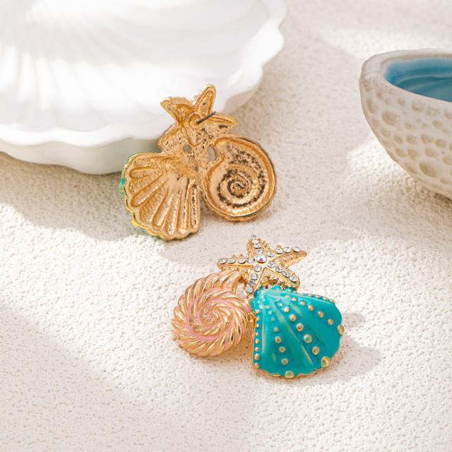 Holiday beach style color enamel starfish shell alloy earrings