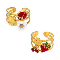 Enamel strawberry daisy flower summer sweet stainless steel rings