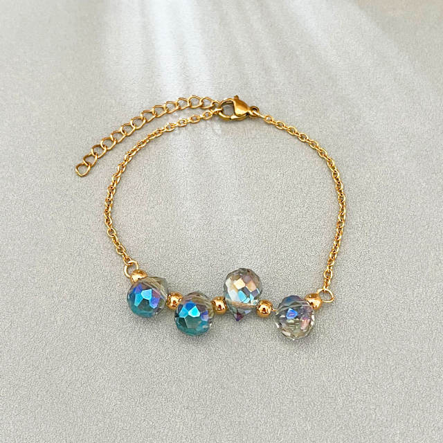Dopamine Colorful Crystal Glass Water Drop Bead Bracelet Stainless Steel 18K Gold Bracelet