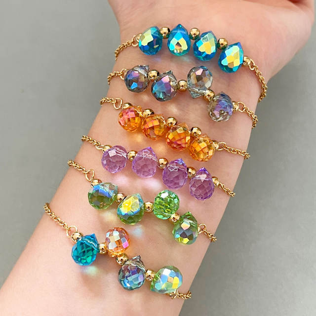 Dopamine Colorful Crystal Glass Water Drop Bead Bracelet Stainless Steel 18K Gold Bracelet