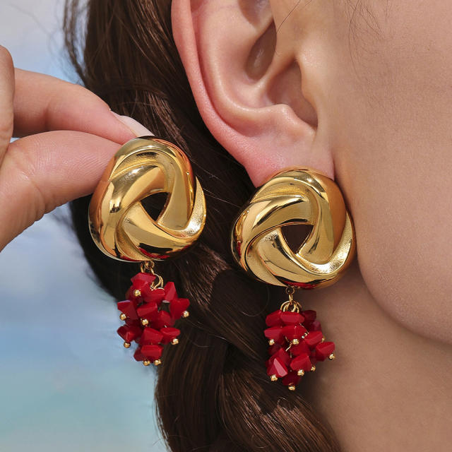 18KG summer colorful stone tassel geometric heart twist circle stainless steel earrings