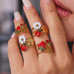 Enamel strawberry daisy flower summer sweet stainless steel rings