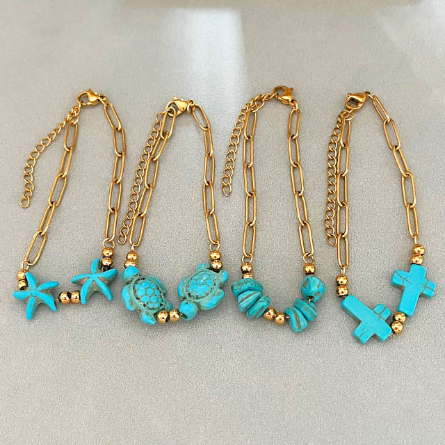 Boho turquoise stone cross starfish turtle stainless steel bracelet beach jewelry