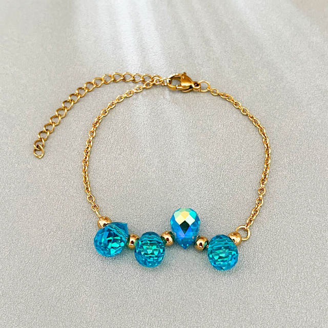 Dopamine Colorful Crystal Glass Water Drop Bead Bracelet Stainless Steel 18K Gold Bracelet