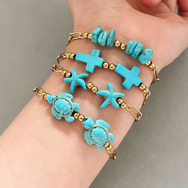 Boho turquoise stone cross starfish turtle stainless steel bracelet beach jewelry