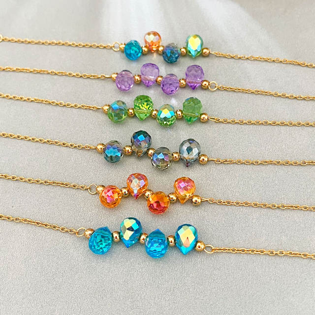 Dopamine Colorful Crystal Glass Water Drop Bead Bracelet Stainless Steel 18K Gold Bracelet