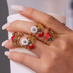 Enamel strawberry daisy flower summer sweet stainless steel rings
