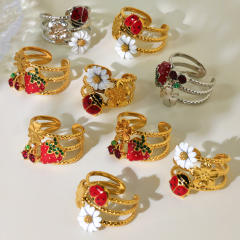 Enamel strawberry daisy flower summer sweet stainless steel rings