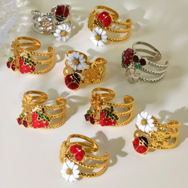 Enamel strawberry daisy flower summer sweet stainless steel rings