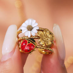 Enamel strawberry daisy flower summer sweet stainless steel rings