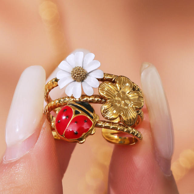 Enamel strawberry daisy flower summer sweet stainless steel rings