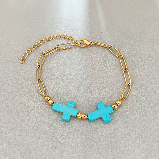 Boho turquoise stone cross starfish turtle stainless steel bracelet beach jewelry