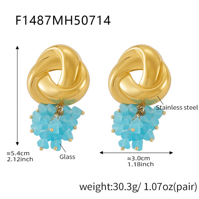 18KG summer colorful stone tassel geometric heart twist circle stainless steel earrings