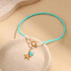 Summer holiday blue clay bead stainless steel pendant necklace
