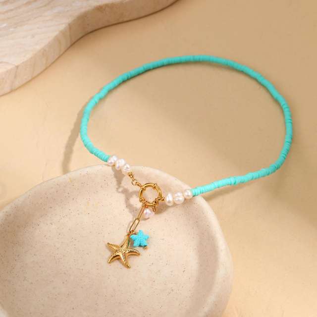 Summer holiday blue clay bead stainless steel pendant necklace