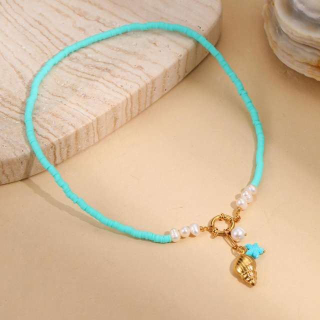 Summer holiday blue clay bead stainless steel pendant necklace