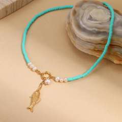 Summer holiday blue clay bead stainless steel pendant necklace